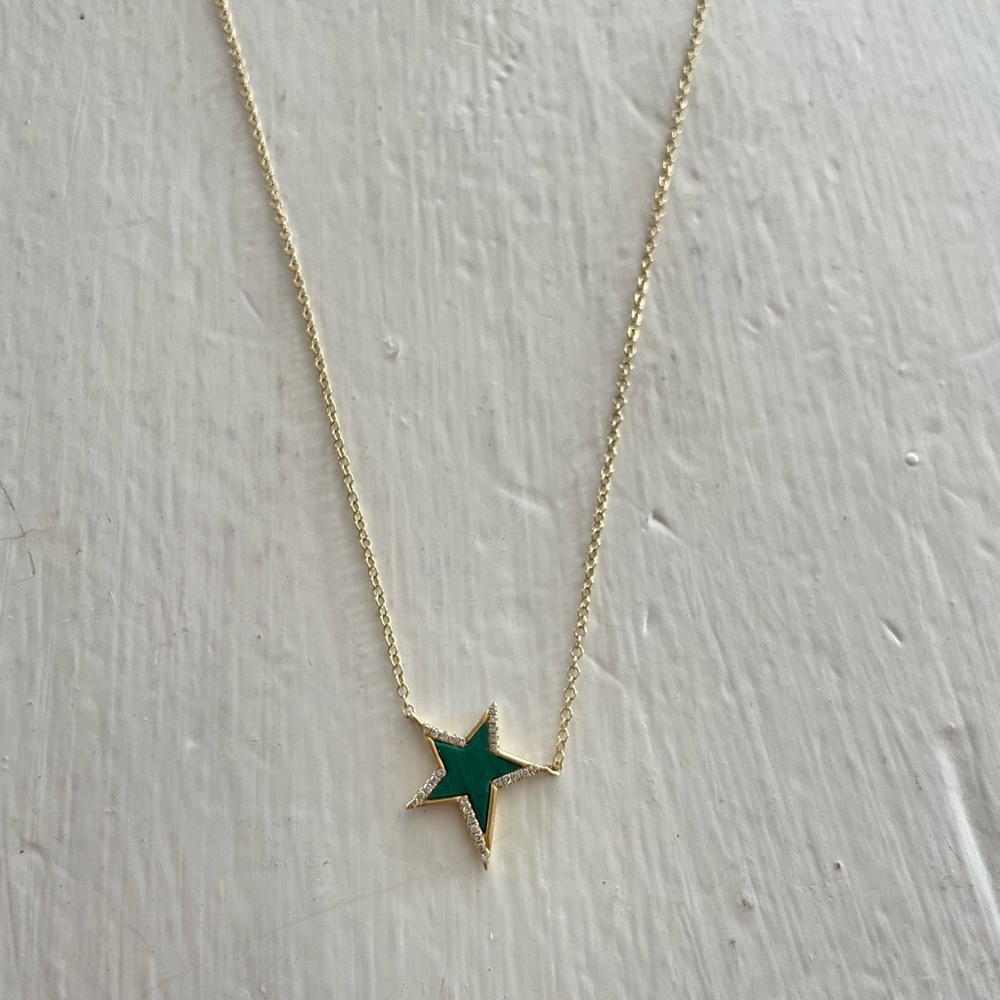14k solid gold pave diamond and malachite star necklace